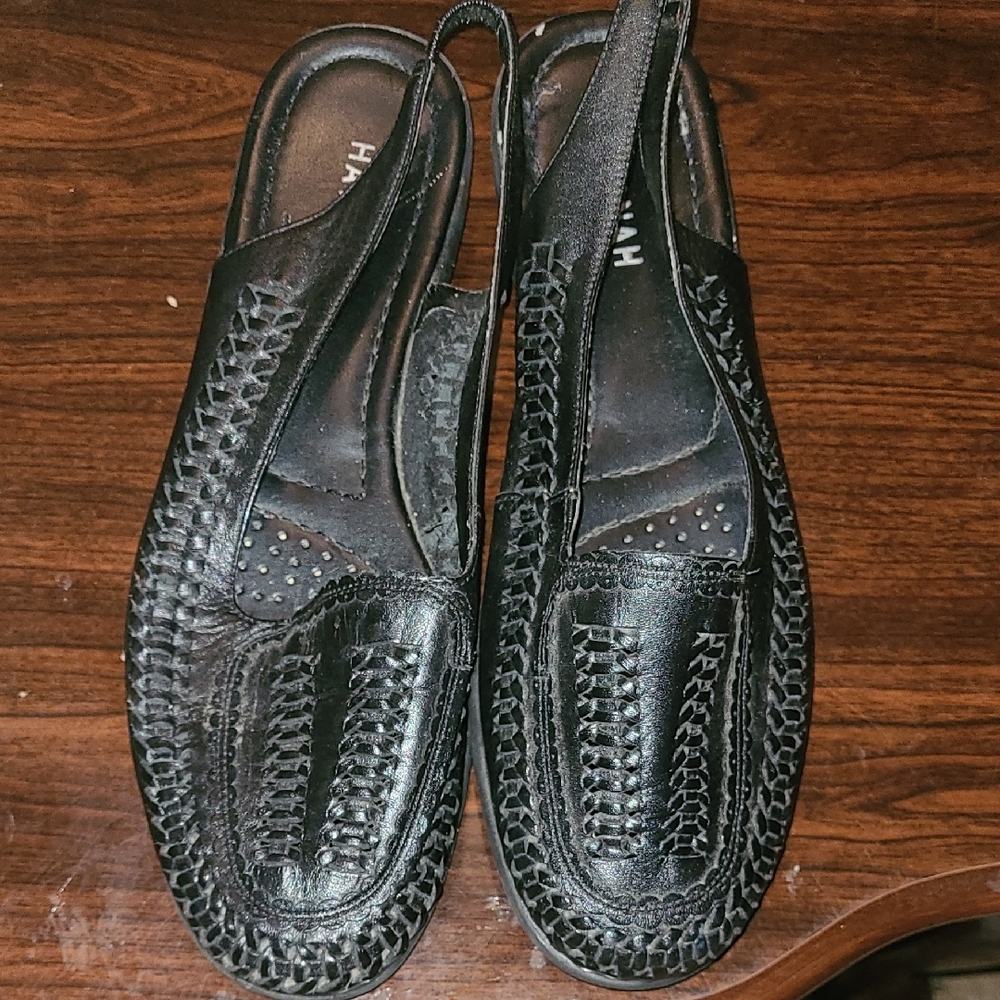 Black Woven Leather Slingback Loafers